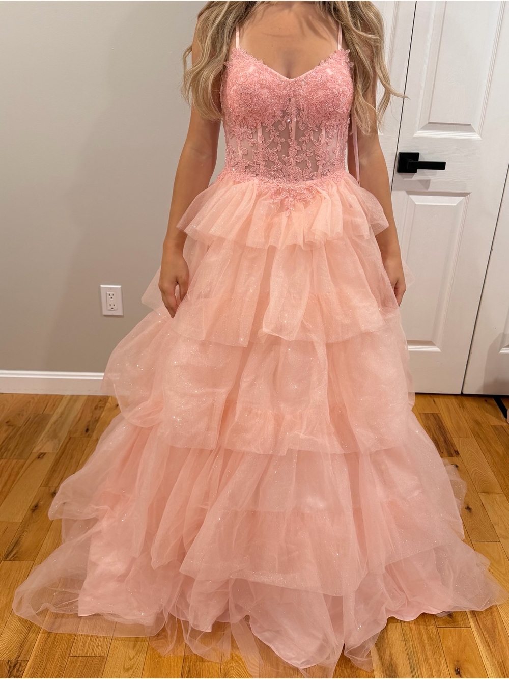 Stacees A-line tiered ruffled glitter tulle  prom dress with lace sheer corset